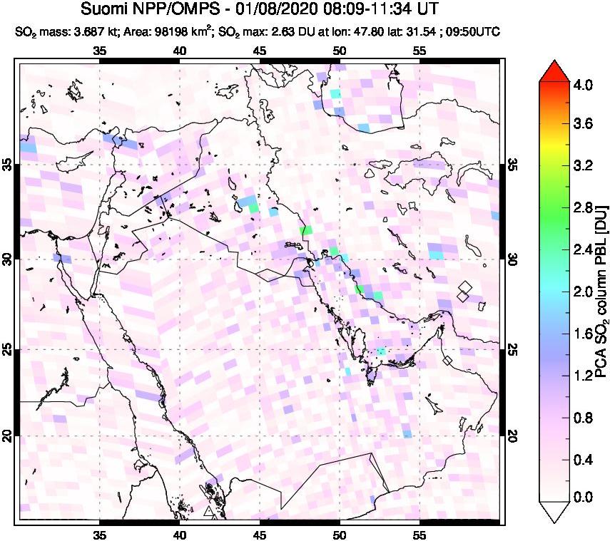 A sulfur dioxide image over Middle East on Jan 08, 2020.