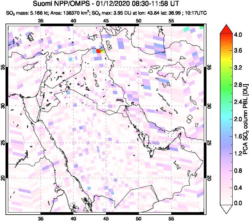 A sulfur dioxide image over Middle East on Jan 12, 2020.