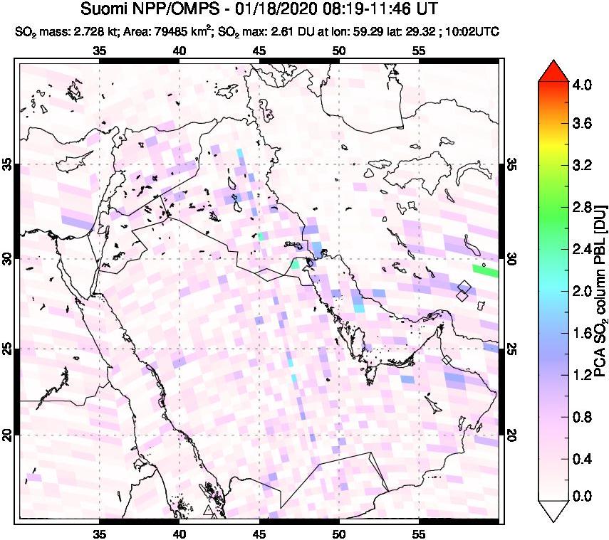 A sulfur dioxide image over Middle East on Jan 18, 2020.