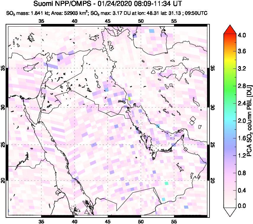 A sulfur dioxide image over Middle East on Jan 24, 2020.