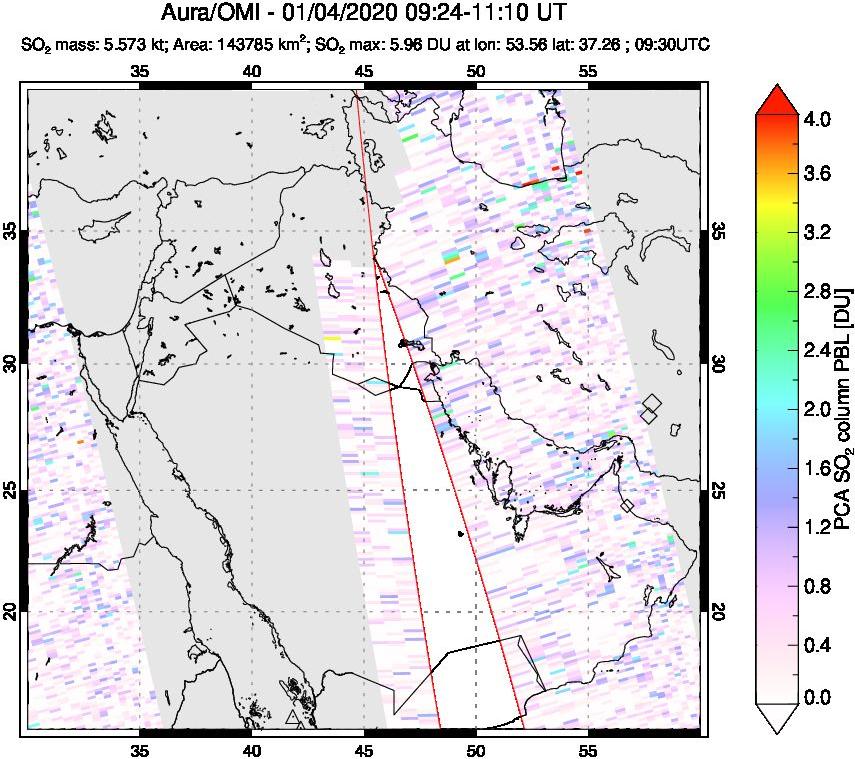 A sulfur dioxide image over Middle East on Jan 04, 2020.