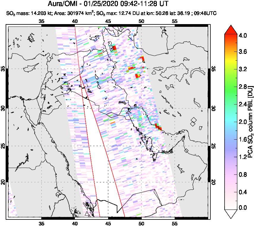 A sulfur dioxide image over Middle East on Jan 25, 2020.