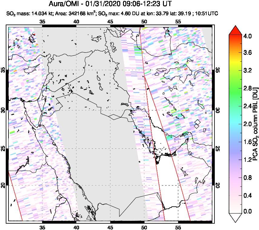 A sulfur dioxide image over Middle East on Jan 31, 2020.