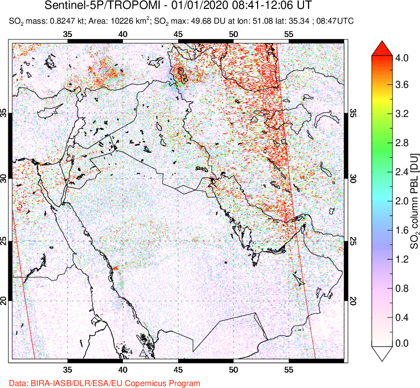 A sulfur dioxide image over Middle East on Jan 01, 2020.