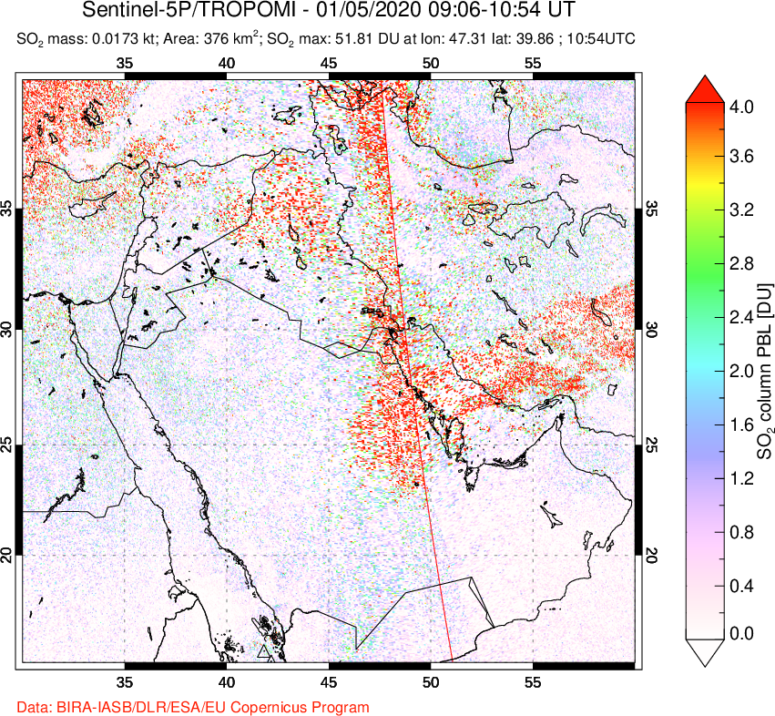 A sulfur dioxide image over Middle East on Jan 05, 2020.