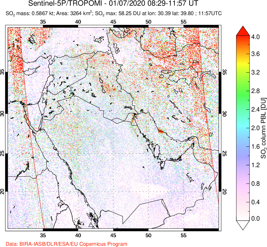 A sulfur dioxide image over Middle East on Jan 07, 2020.