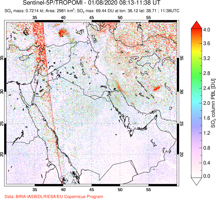 A sulfur dioxide image over Middle East on Jan 08, 2020.