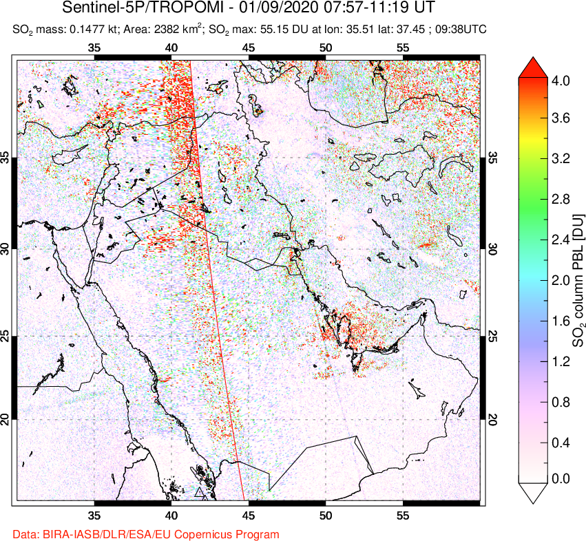 A sulfur dioxide image over Middle East on Jan 09, 2020.