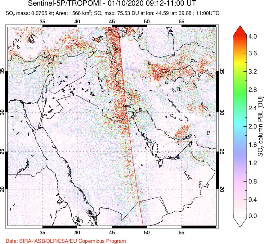 A sulfur dioxide image over Middle East on Jan 10, 2020.