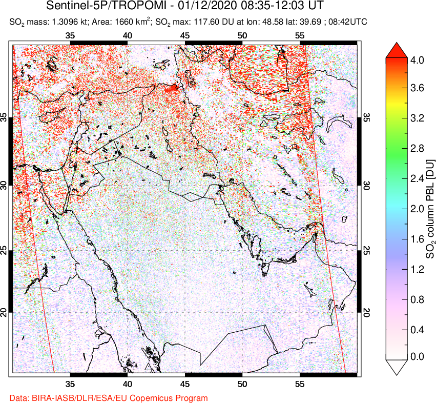 A sulfur dioxide image over Middle East on Jan 12, 2020.