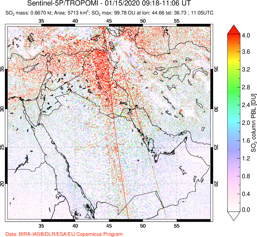 A sulfur dioxide image over Middle East on Jan 15, 2020.