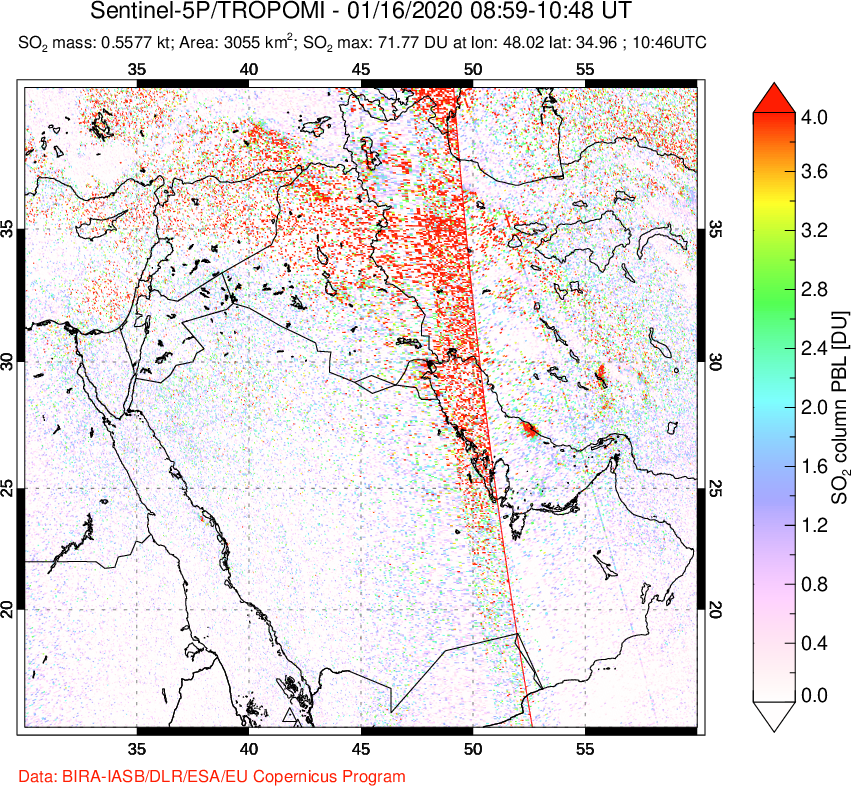 A sulfur dioxide image over Middle East on Jan 16, 2020.