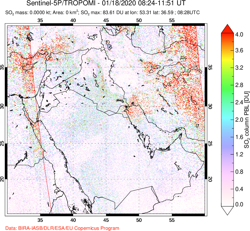 A sulfur dioxide image over Middle East on Jan 18, 2020.
