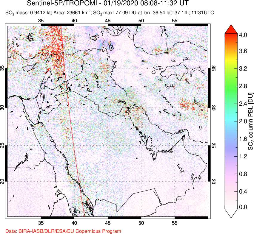 A sulfur dioxide image over Middle East on Jan 19, 2020.