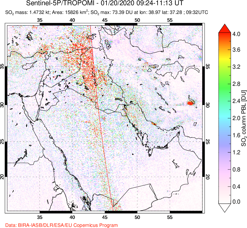 A sulfur dioxide image over Middle East on Jan 20, 2020.