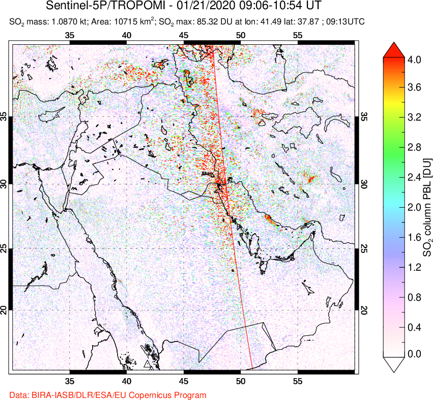 A sulfur dioxide image over Middle East on Jan 21, 2020.