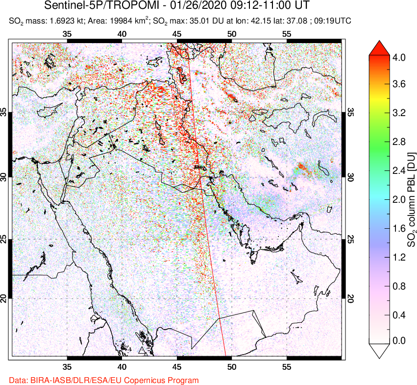 A sulfur dioxide image over Middle East on Jan 26, 2020.