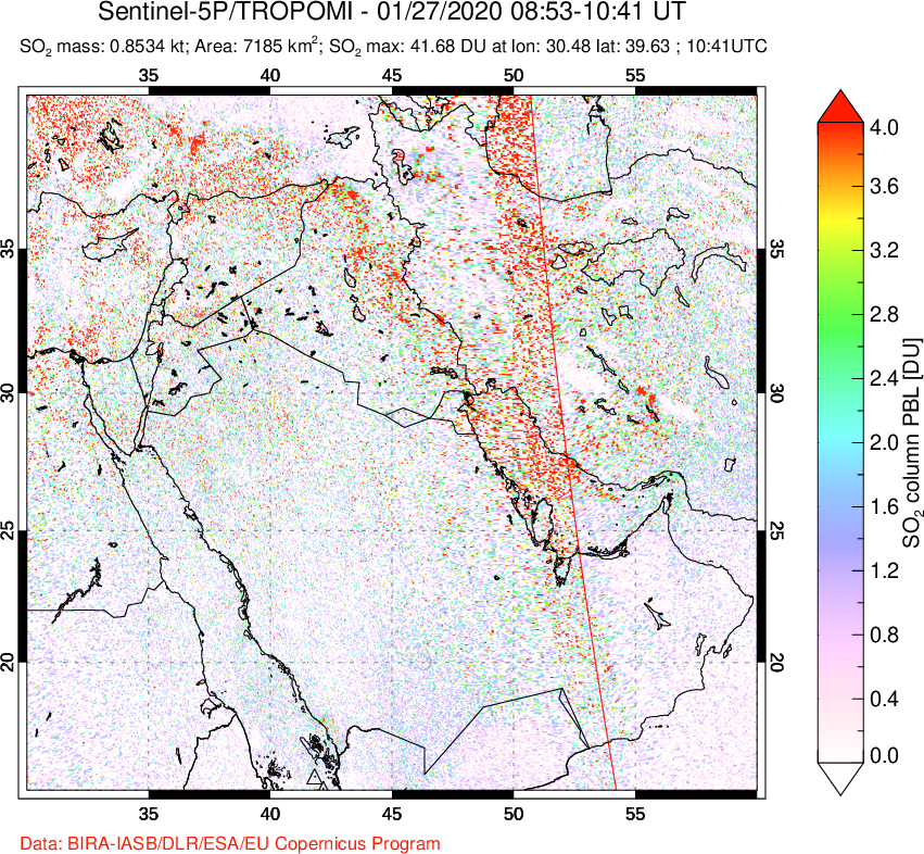 A sulfur dioxide image over Middle East on Jan 27, 2020.