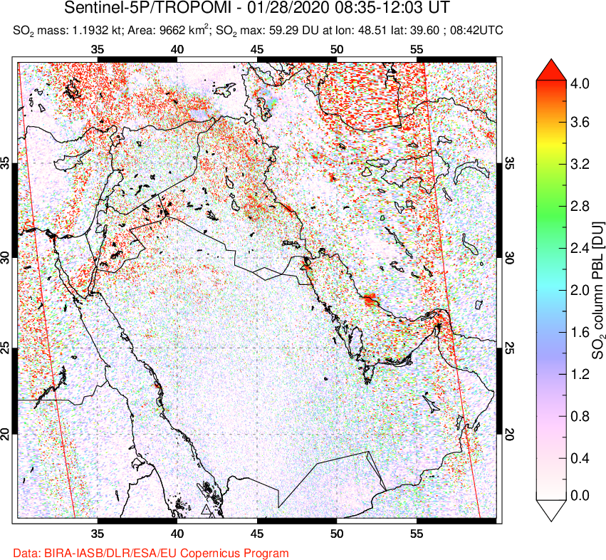 A sulfur dioxide image over Middle East on Jan 28, 2020.