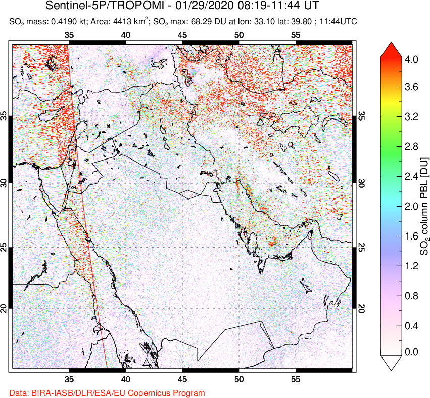 A sulfur dioxide image over Middle East on Jan 29, 2020.