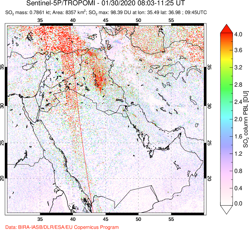 A sulfur dioxide image over Middle East on Jan 30, 2020.