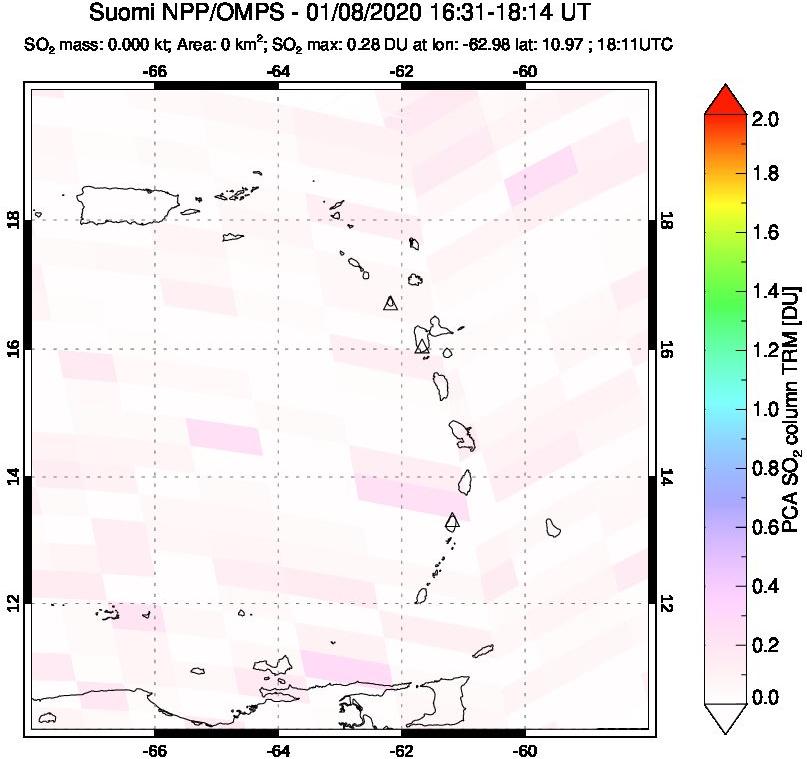 A sulfur dioxide image over Montserrat, West Indies on Jan 08, 2020.