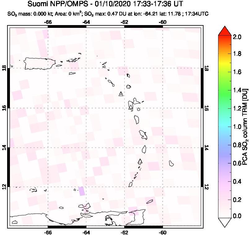 A sulfur dioxide image over Montserrat, West Indies on Jan 10, 2020.
