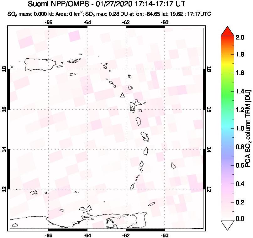 A sulfur dioxide image over Montserrat, West Indies on Jan 27, 2020.