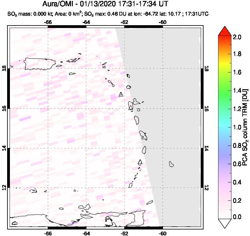 A sulfur dioxide image over Montserrat, West Indies on Jan 13, 2020.