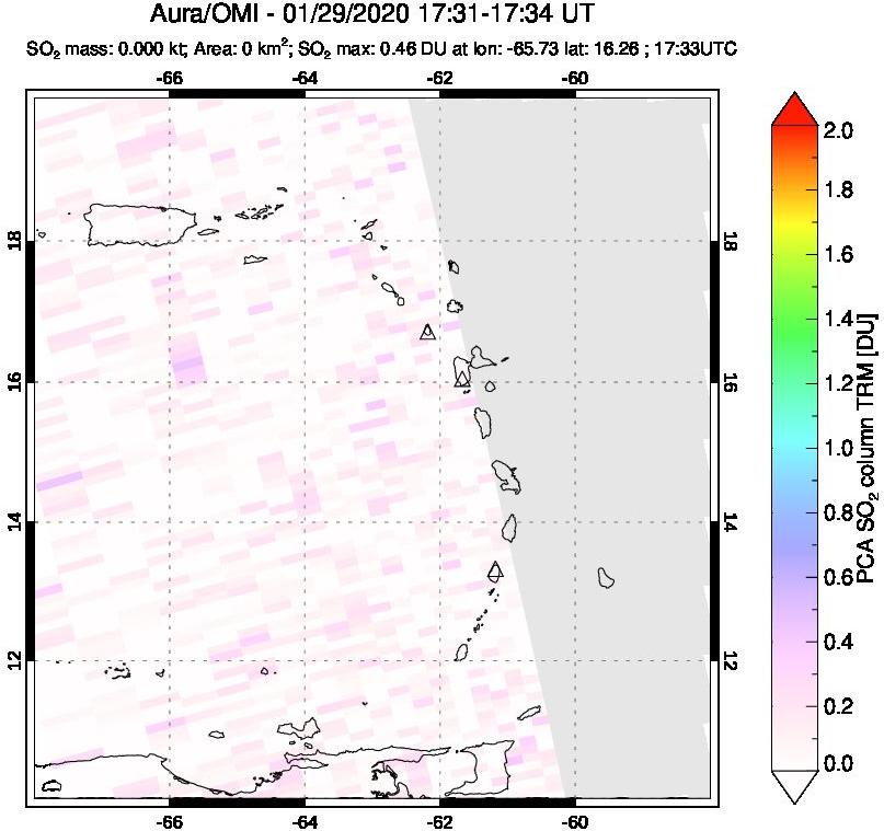 A sulfur dioxide image over Montserrat, West Indies on Jan 29, 2020.