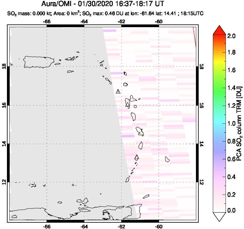 A sulfur dioxide image over Montserrat, West Indies on Jan 30, 2020.