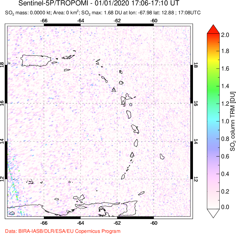 A sulfur dioxide image over Montserrat, West Indies on Jan 01, 2020.