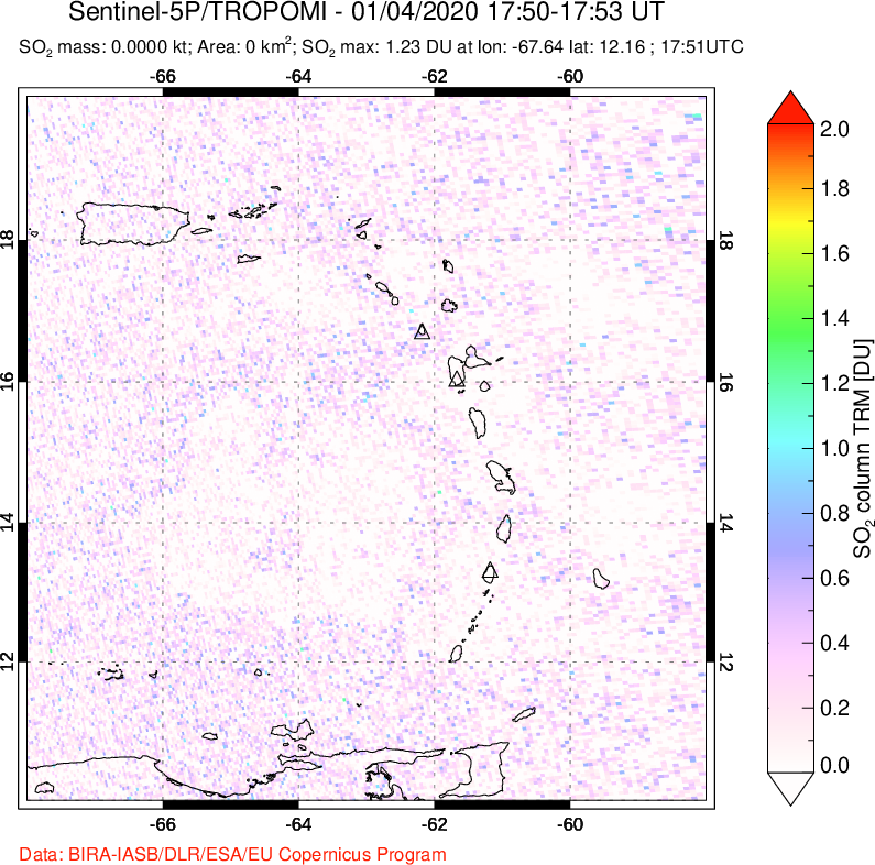 A sulfur dioxide image over Montserrat, West Indies on Jan 04, 2020.