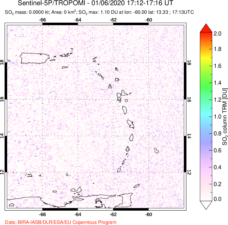 A sulfur dioxide image over Montserrat, West Indies on Jan 06, 2020.
