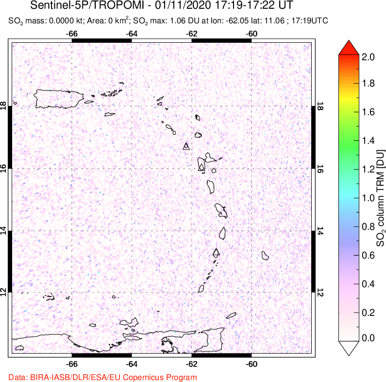 A sulfur dioxide image over Montserrat, West Indies on Jan 11, 2020.