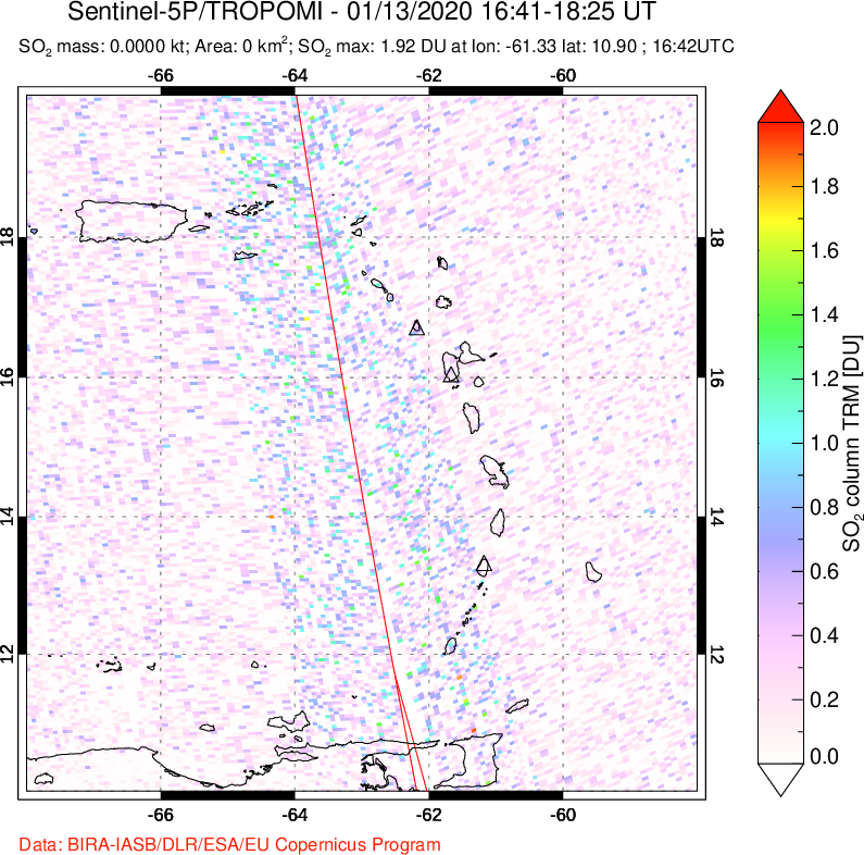 A sulfur dioxide image over Montserrat, West Indies on Jan 13, 2020.
