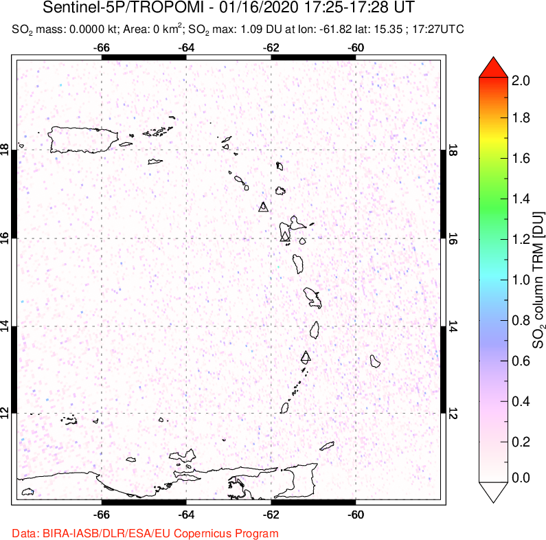 A sulfur dioxide image over Montserrat, West Indies on Jan 16, 2020.