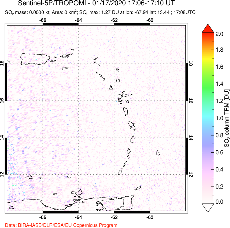 A sulfur dioxide image over Montserrat, West Indies on Jan 17, 2020.