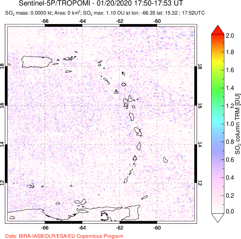 A sulfur dioxide image over Montserrat, West Indies on Jan 20, 2020.