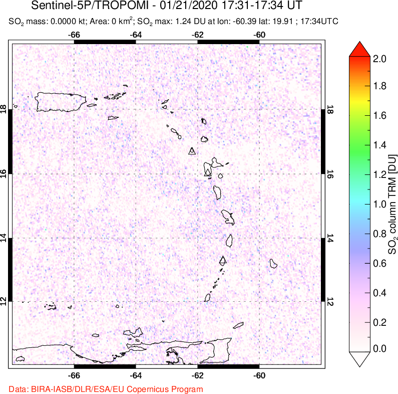 A sulfur dioxide image over Montserrat, West Indies on Jan 21, 2020.