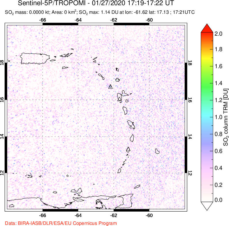 A sulfur dioxide image over Montserrat, West Indies on Jan 27, 2020.
