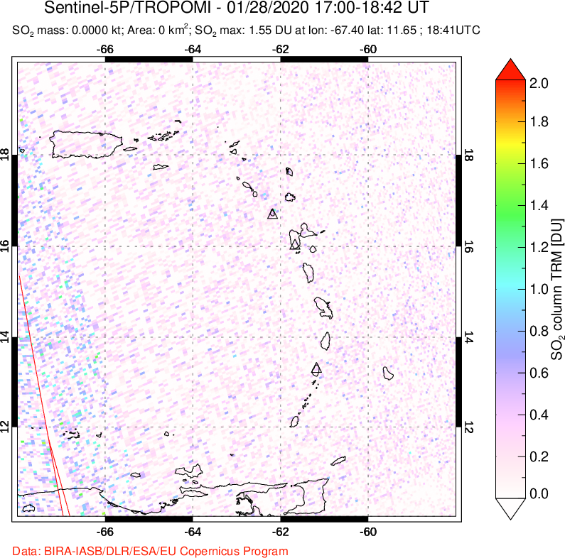A sulfur dioxide image over Montserrat, West Indies on Jan 28, 2020.
