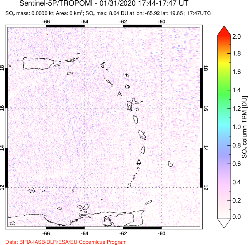 A sulfur dioxide image over Montserrat, West Indies on Jan 31, 2020.