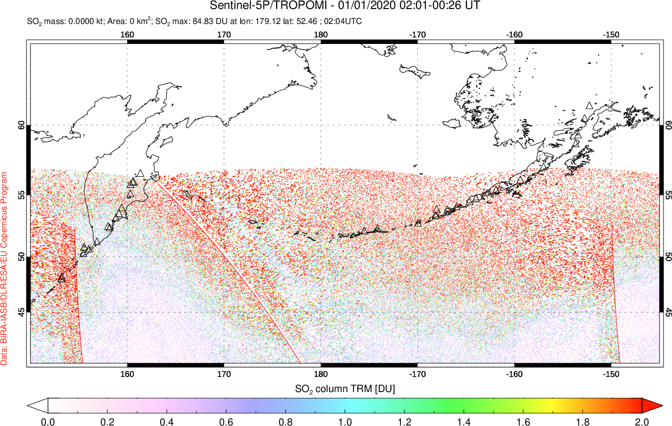 A sulfur dioxide image over North Pacific on Jan 01, 2020.