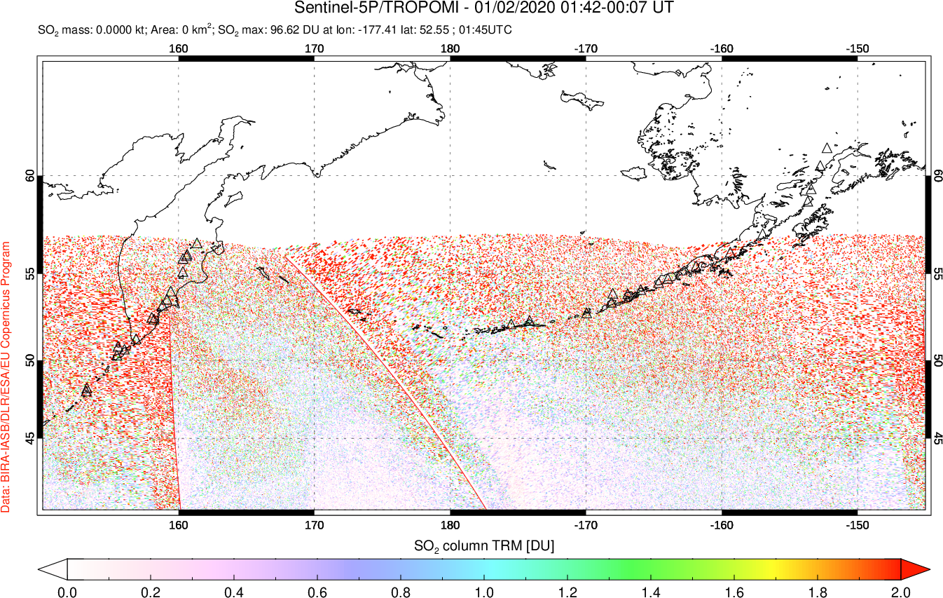 A sulfur dioxide image over North Pacific on Jan 02, 2020.