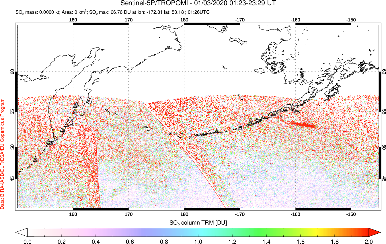 A sulfur dioxide image over North Pacific on Jan 03, 2020.