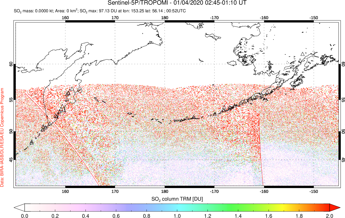 A sulfur dioxide image over North Pacific on Jan 04, 2020.
