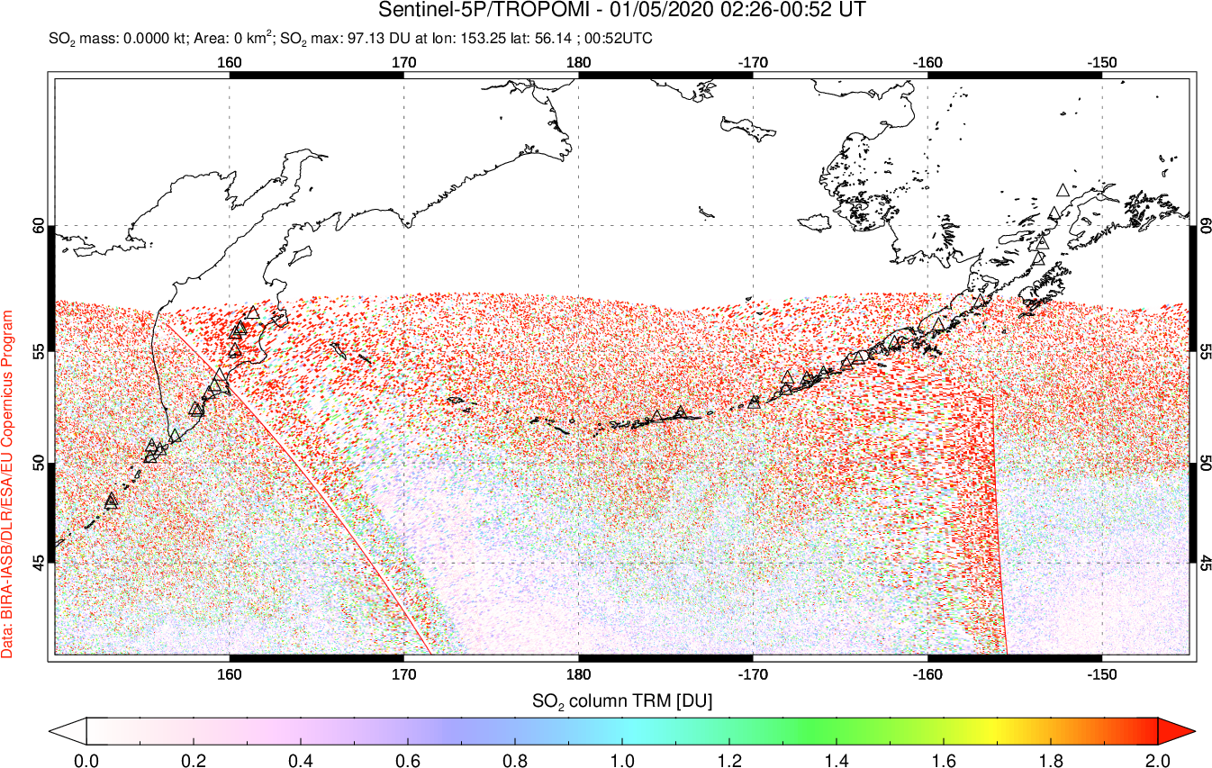 A sulfur dioxide image over North Pacific on Jan 05, 2020.