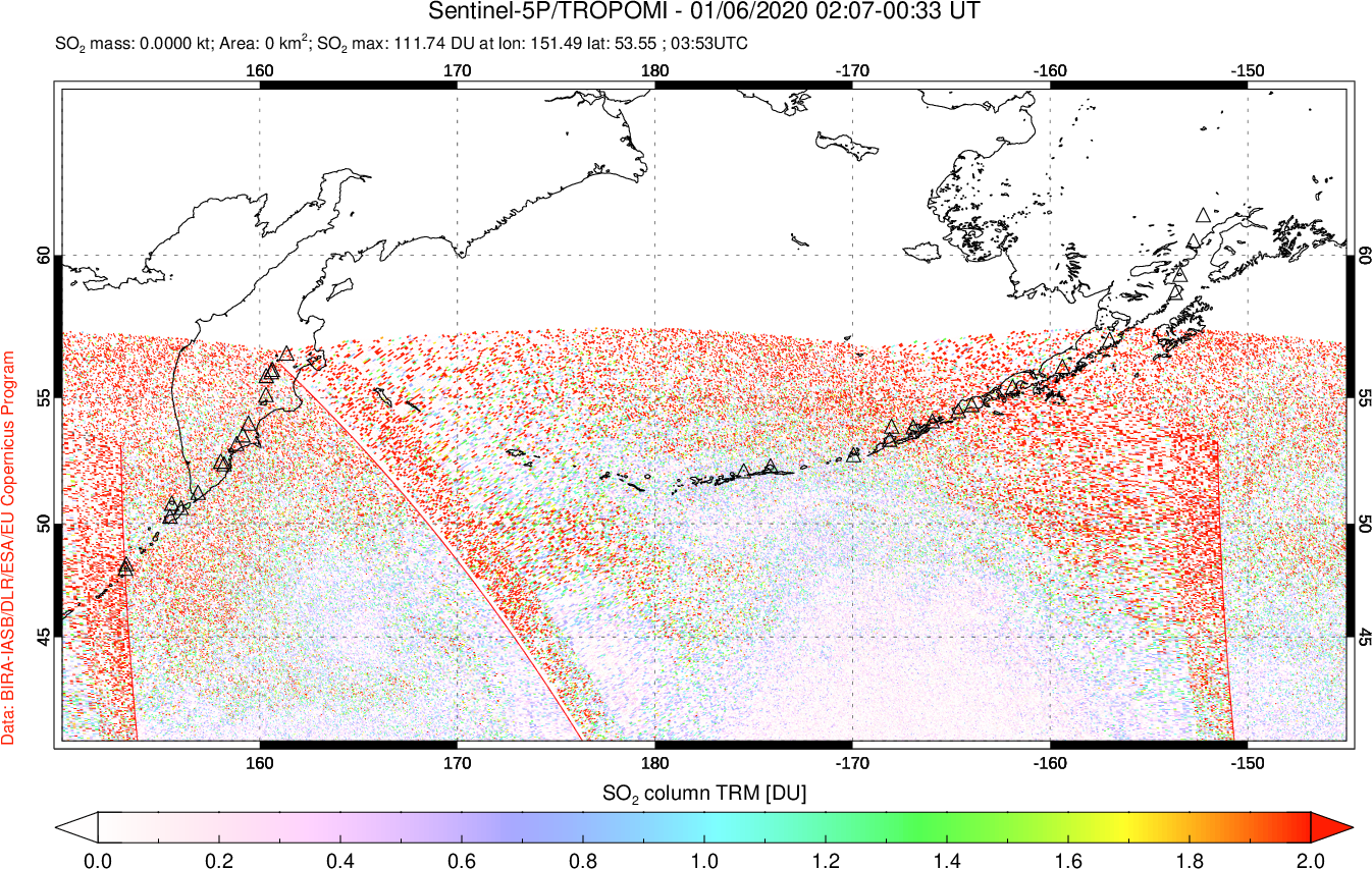 A sulfur dioxide image over North Pacific on Jan 06, 2020.