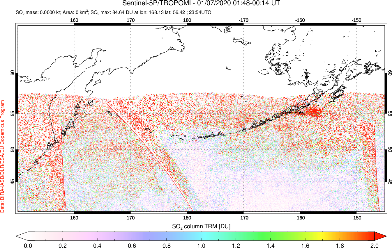 A sulfur dioxide image over North Pacific on Jan 07, 2020.